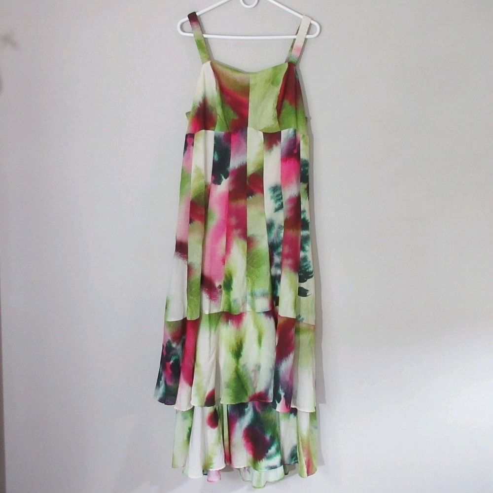 Anthropologie Green and Pink Watercolor Maxi Dress